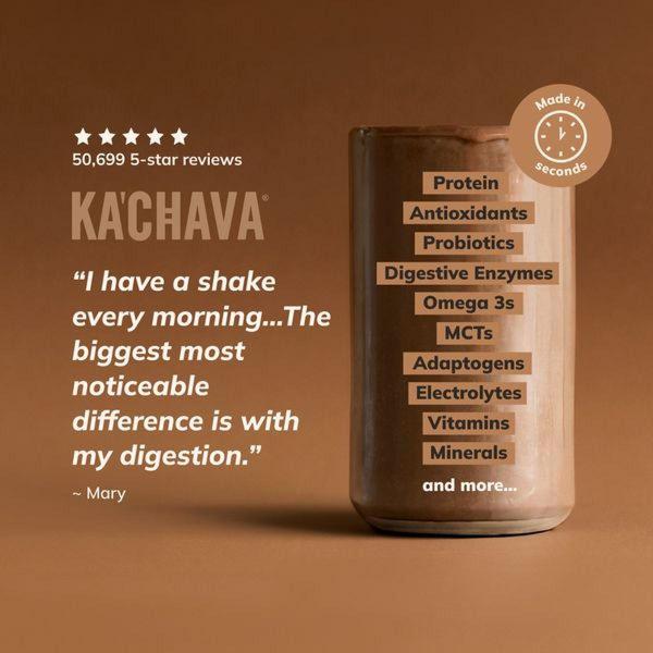 A minimalist, square-format ad for a meal replacement shake featuring a customer testimonial and a clear, bulleted ingredient highlight list.